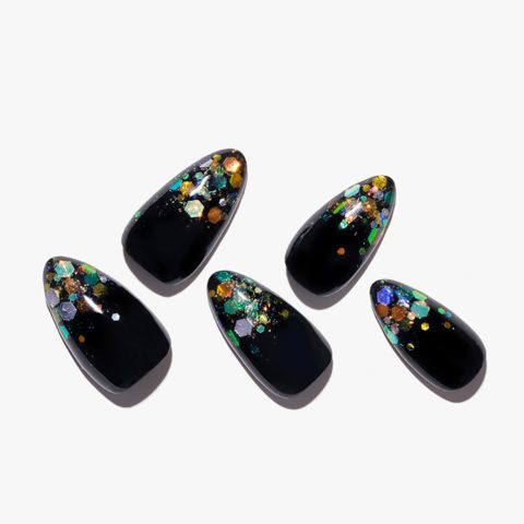 Ombre Black Press on Nails Medium Almond, Handmade Glossy Jelly Soft Gel Glue on Nails Stiletto, Galaxy Fake Nails Short Oval, Reusable Acrylic Stick on False Nails Kit for Women