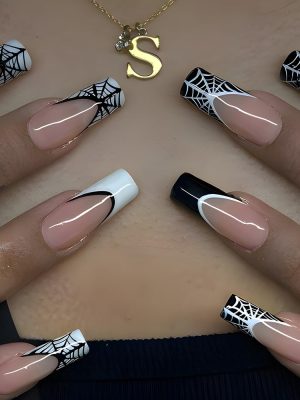 Halloween Press on Nails Long Square - Black White French Fake Nails Pink Long Coffin False Nails Press ons Spider Web French Design Full Cover Acrylic Nail Tips Glue on Nails for Women 24Pcs