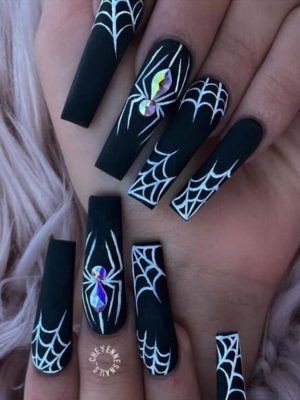 Black Halloween Press on Nails Long Square - Halloween Fake Nails Long Coffin False Nails Press ons with Spider Rhinestone Spider Web Design Full Cover Acrylic Glue on Nails for Women 24Pcs
