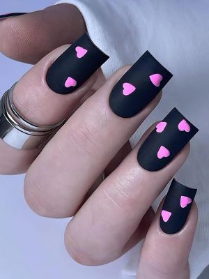 Heart Press on Nails Medium Square Fake Nails 24 Pcs Valentine Press on Nails Matte Black Glue on Nail Full Cover Pink Heart False Nails Stick on Nails for Women Acrylic Nails