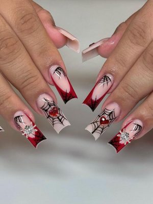 Halloween Press on Nails Long Square - Red French Fake Nails Patch False Nails Press ons with Heart Spider Web Spider Charms Design Full Cover Acrylic Nail Tips Cute Glue on Nails for Women 24 Pcs