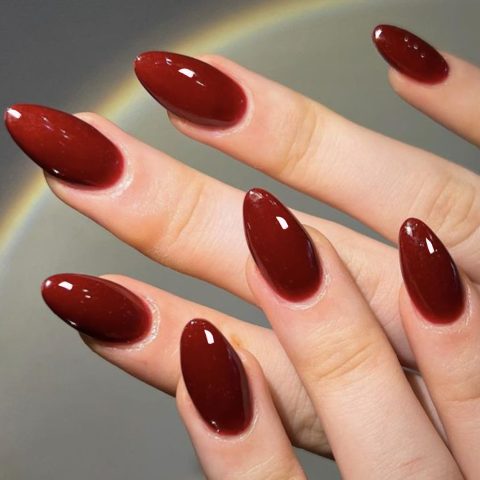 Cherry Red Press on Nails Medium Almond, Handmade Jelly Soft Gel Dark Red Glue on Nails Stiletto, Burgundy Fake Nails Short Oval, Reusable Acrylic Stick on False Nails Kit for Women