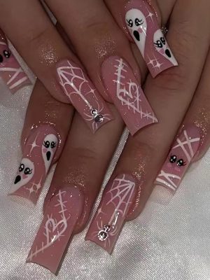24Pcs Halloween Press on Nails Long Square - Pink Fake Nails Glitter False Nails Press ons with Spider Web Ghost Spider Charms Design Full Cover Acrylic Nail Tips Cute Glue on Nails for Women