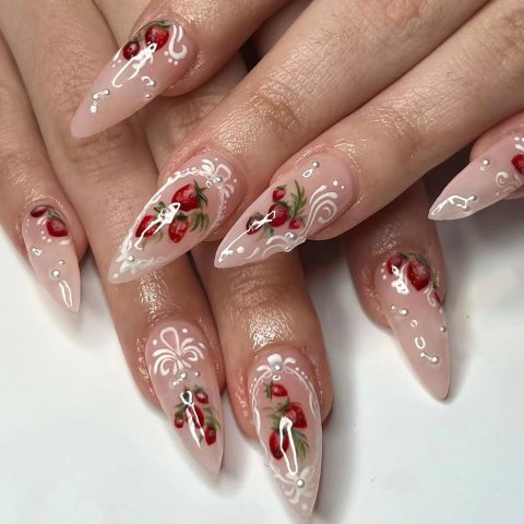 24 Pcs Press on Nails Medium Almond Fake Nails with Glue Pink Full Cover False Nails with Pearl Strawberry Pattern Designs Full Cover Glue on Nails Holiday Reusable Stick on Nails for Women