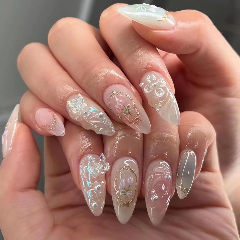 3D Handmade Press on Nails with Charms Medium Almond Fake Nails Cute French Nails Press ons Butterfly Flower Bow Stick on Nails Almond Shape Acrylic Nails Pearl Nails for Women Daily Wear